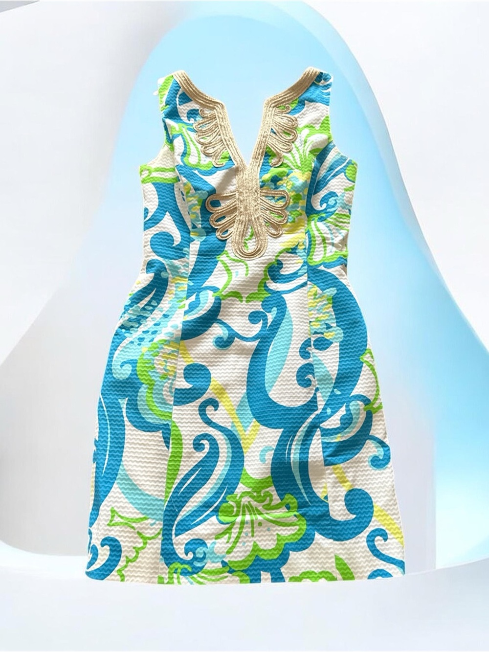 Lilly Pulitzer White Blue Green Paisley Shift Dress with Gold Trim